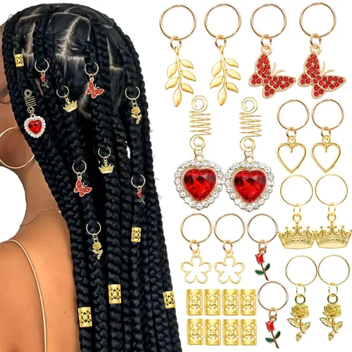 24 piezas de joyería para el cabello para trenzas de corazón rojo, mariposa, dijes para el día de San Valentín, joyería para trenzas de flores,