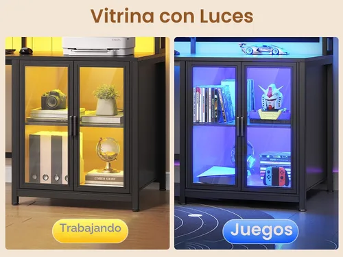 Miniatura 5 de SEDETA Escritorio para juegos en forma de L con 4 cajones, escritorio para computadora de 109 pulgadas con vitrina, escritorios de oficina en casa