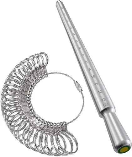 Miniatura 8 de Meowoo Juego de herramientas de medición de anillo, medidor de anillos con lupa, herramientas de medición de mandril de anillo sólido cónico