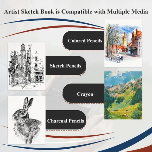 Miniatura 7 de Cuaderno de bocetos de 9 x 12 pulgadas, cuaderno de bocetos de tapa dura, bloc de bocetos con espiral superior, bloc de papel de dibujo de 100 hojas