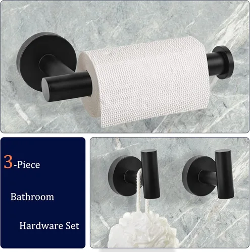 Miniatura 4 de Juego de accesorios de baño negro mate, 3 piezas de acero inoxidable de alta calidad, incluye soportes para papel higiénico de 5 pulgadas y 2