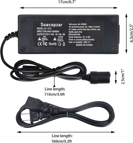 Miniatura 7 de 12V 10A Adaptador de energía para auto con enchufe hembra para mechero de cigarrillos, adaptador de fuente de alimentación AC 100-240V a DC 12V 10A