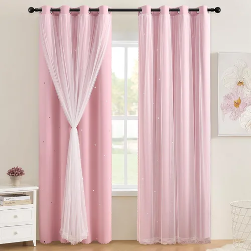Miniatura 27 de XiDi Cortinas opacas con estrellas para habitaciones de niños, cortinas verdes para ventana de dormitorio de niños, azul y gris, 52 pulgadas de Azul