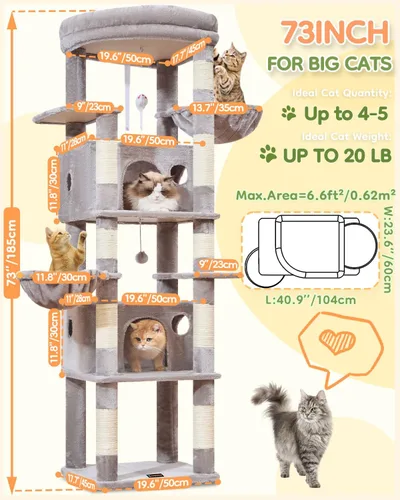 Miniatura 8 de Taoqimiao Árbol para gatos resistente, torre para gatos de 73 pulgadas para gatos de interior, más de 25 libras, árbol para gatos extragrande, 2