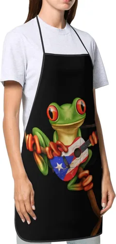 Miniatura 4 de ZIMBRO Delantal ajustable con peto de rana con bandera de Puerto Rico para mujer, impermeable y a prueba de grasa, delantal de cocina para mujeres