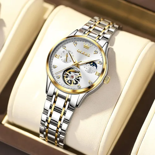 Miniatura 4 de OLEVS Reloj de mujer con esqueleto hueco y fase lunar de acero inoxidable, impermeable, dos tonos