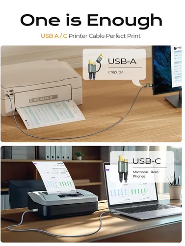 Miniatura 5 de AINOPE - Cable de impresora a USB, cable MIDI USB B a USB C de 480Mbps, cable de nylon trenzado tipo B para MacBook Pro, HP Canon Brother Dell Epson