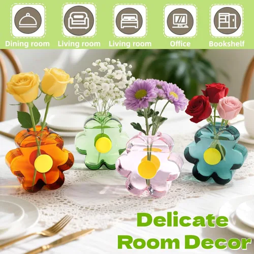 Miniatura 4 de Covzoe Paquete de 4 pequeños jarrones de cristal, coloridos jarrones únicos en forma de flores, bonitos jarrones de cristal para centros de mesa