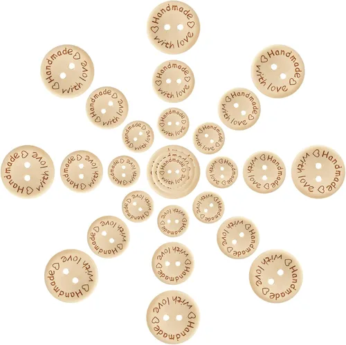 150 botones de madera Pinowu (15-0.787-0.984 in) hechos a mano con amor, decoración redonda para manualidades, 2 agujeros, botones de costura de