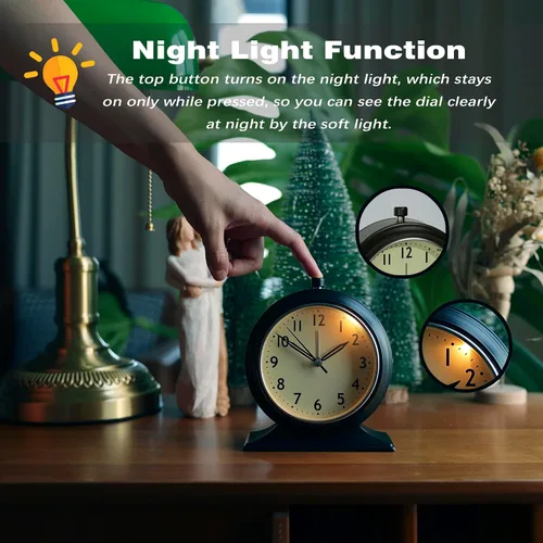 Miniatura 6 de AYRELY® Reloj Despertador Analógico Silencioso de 4 Pulgadas que Funciona con Baterías, Relojes de Escritorio con Luz, Reloj de Mesa de Metal