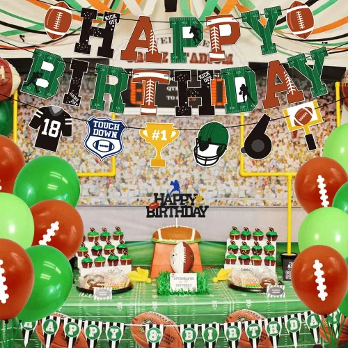 Miniatura 5 de Paquete de decoraciones de cumpleaños de fútbol Pancartas de feliz cumpleaños preencordadas, decoración de pastel sin bricolaje, globos
