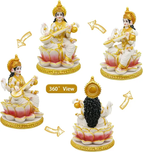 Miniatura 6 de alikiki Estatua de Saraswati de la diosa hindú grande, 8.7 pulgadas de alto, aspecto de mármol, ídolo indio Saraswati, escultura india Diwali Murti