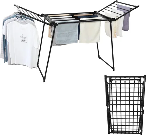 Miniatura 12 de Estante de secado de ropa, estante de lavandería Gullwing, plegable, ahorra espacio, con clips para calcetines, para ropa, toallas, ropa de cama