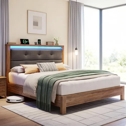 Miniatura 7 de EnHomee Base de cama de tamaño matrimonial con carga USB y tipo C y luces LED, cabecera de almacenamiento tapizada, cama de plataforma de madera