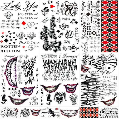 JEEFONNA 22 hojas de tatuajes temporales de Halloween, tatuajes temporales de Joker perfectos para disfraces, accesorios de fiesta de Halloween y