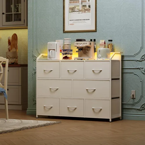 Miniatura 4 de WLIVE Cómoda LED para dormitorio, Cómoda Blanca Soporte de TV para Dormitorio con Luces LED y Toma de Corriente, Cómoda Ancha de Cajones para Blanco