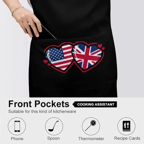 Miniatura 5 de Delantales de corazón con bandera estadounidense y británica para hombres/mujeres, delantales impermeables para adultos, delantales para el hogar