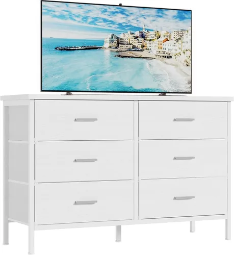 BOLUO Cómoda blanca para dormitorio, 6 cajones, soporte de TV ancho para aparadores de TV de 50 pulgadas y cajoneras de tela para armario moderno