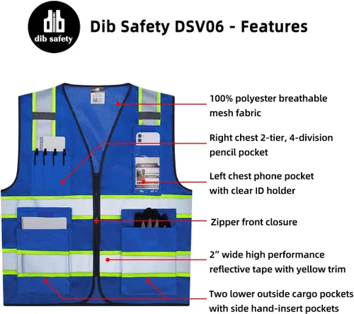 Miniatura 5 de Dib Safety Chaleco de malla reflectante de alta visibilidad en dos tonos con bolsillos y cremallera, malla azul con ribete amarillo, L Azul