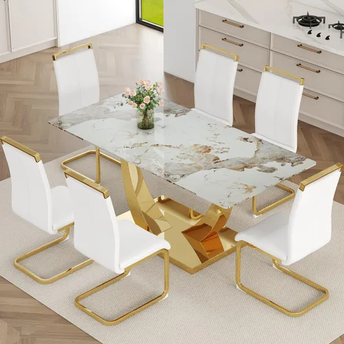Miniatura 16 de Juego de Mesa de Comedor Negra para 6, Mesa de Comedor de Mármol Falso de 71" para 6, Juego de Mesa de Cocina Rectangular con Sillas de Cuero PU