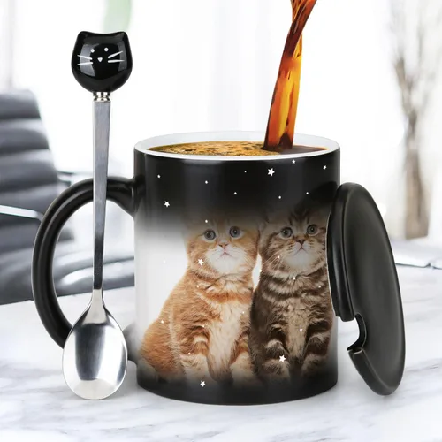 Miniatura 7 de Tazas únicas para gatos, tazas de café que cambian de color de 11 onzas – The Fish is Delicious – Taza de Halloween con tapa negra y cuchara