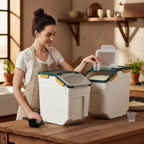 Miniatura 7 de Recipiente de almacenamiento de arroz de 25 libras, contenedor grande de harina para el hogar, dispensador hermético de cereales de grano
