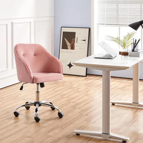 Miniatura 8 de Yaheetech Silla de Oficina Rosa Pequeña y Linda con Ruedas Traseras, Silla de Tocador de Terciopelo Giratoria y con Ruedas, Silla de Escritorio