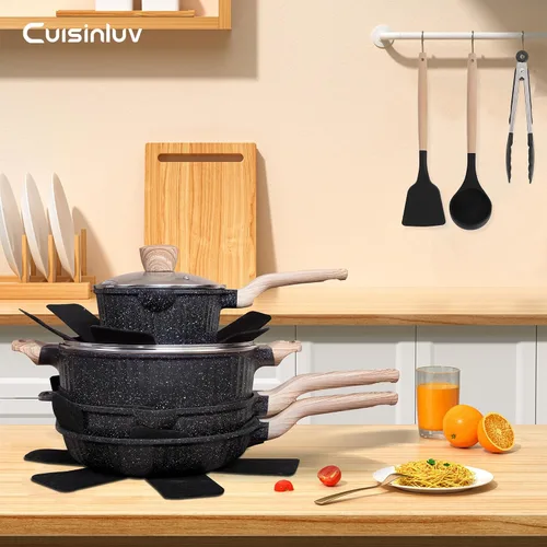 Miniatura 7 de Juego de ollas y sartenes antiadherentes, 13 piezas, juegos de utensilios de cocina, utensilios de cocina de inducción de piedra de granito