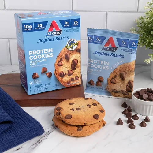 Miniatura 4 de Atkins Galleta de proteína con chispas de chocolate, postre proteico, rico en fibra, 0.11 onzas de carbohidratos netos, 0.04 oz de azúcar, apto