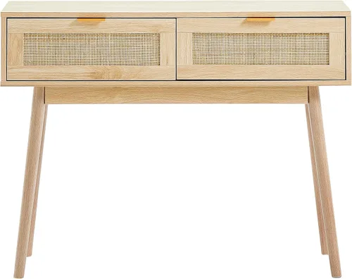 Miniatura 9 de VEVOR Mesa consola de ratán con 2 cajones de almacenamiento, mesa de entrada de ratán con puerta corredera de ratán natural, mesa de sofá para sala