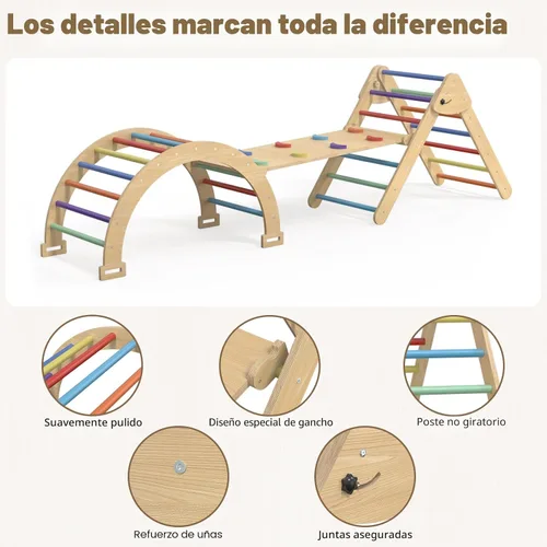 Miniatura 4 de Juego de Triángulo Pikler Grande, Juguetes de Escalada para Niños Pequeños 7 en 1 para Interiores, Juego de Escalada Montessori de Madera con Arco