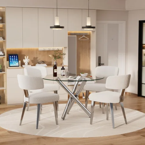 Miniatura 16 de Juego de mesa de comedor redonda para 2, mesa de cocina de 3 piezas y sillas Boucle para 2, juego de mesa de comedor redonda de 36 pulgadas con 2