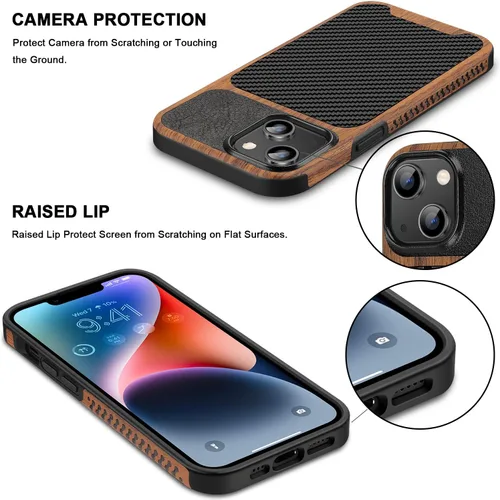 Miniatura 4 de TENDLIN Funda Magnética Compatible con iPhone 14 Plus Funda de Madera con Textura de Fibra de Carbono Diseño Híbrido de Cuero Cubierta Delgada Negro