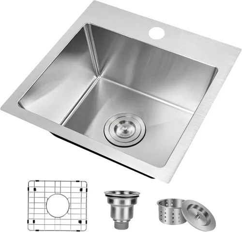 YSSOA Fregadero de cocina con estación de trabajo de montaje superior, calibre 20, tazón individual con 3 accesorios (fregadero + rejilla inferior +