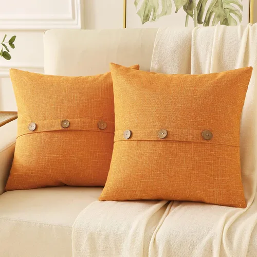 HAUSSY Juego de 2 fundas de almohada decorativas de lino naranja de 20 x 20 pulgadas, fundas de cojín cuadradas con 3 botones vintage, decoración