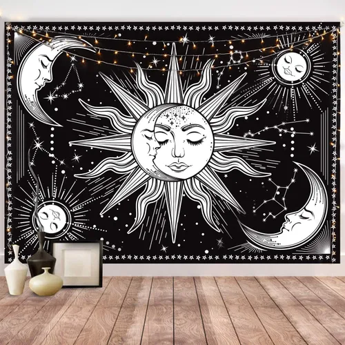 Tapiz de pared blanco y negro, tapiz estético de luna para dormitorio, sala de estar, decoración de dormitorio, impreso sin flecos (59.1 x 59.1