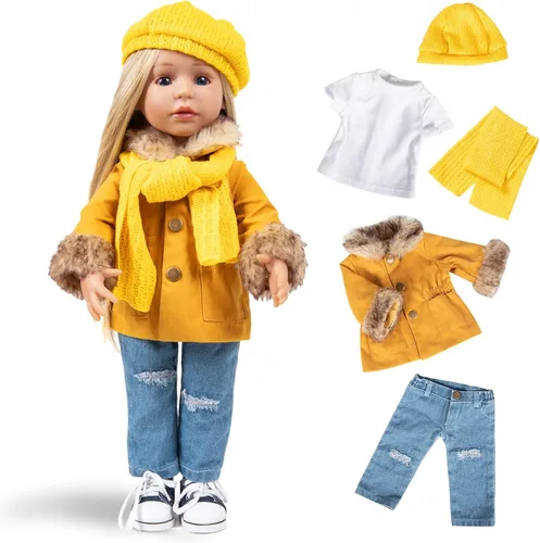 Rakki Dolli Conjunto de Ropa para Muñeca de 18 Pulgadas de 5 Piezas, Conjunto de Abrigo de Invierno Color Mostaza de Moda, Incluye Abrigo Abrigado,