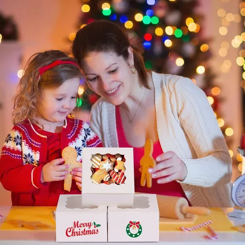 Miniatura 7 de Moretoes 120 cajas blancas para panadería, cajas de galletas de 4 x 4 x 2.5 pulgadas con ventana para pasteles pequeños, golosinas, donas, dulces