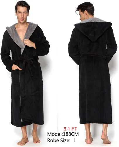 Miniatura 3 de KEMUSI Bata suave tipo herringbone con capucha para hombre, bata de spa de longitud completa, cómoda y cálida de noche