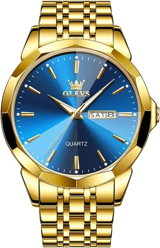 OLEVS Watch for Men Diamond Business Dress Analog Quartz Stainless Steel Waterproof Luminous Date Two Tone Luxury Casual Wrist Watch Blue
