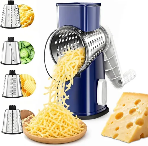 VEKAYA Rallador de queso giratorio con manivela de mano con 4 cuchillas intercambiables de acero inoxidable, trituradora de mango manual grande y