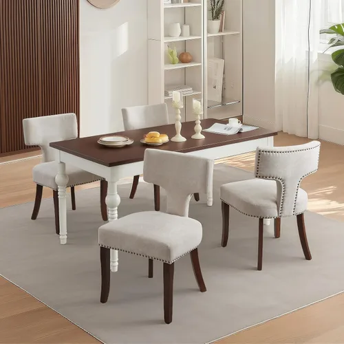 Miniatura 3 de SoarFlash Juego de 2 sillas de comedor modernas de madera, silla tapizada de tela de lino de granja, respaldo curvado con clavos de cobre alrededor