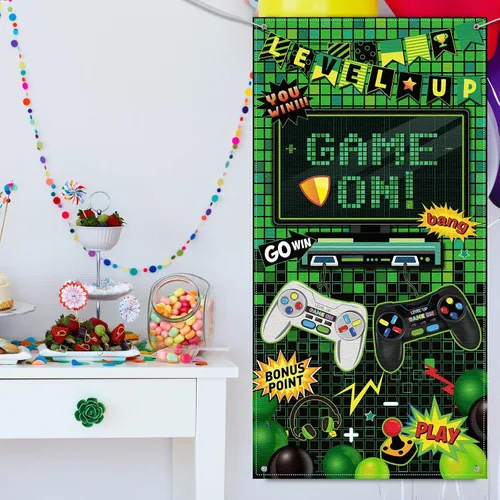 Miniatura 6 de Blulu Juego en telón de fondo de video juego para niños, decoración de fiesta de cumpleaños, juegos de decoración de 72 x 36 pies, neón