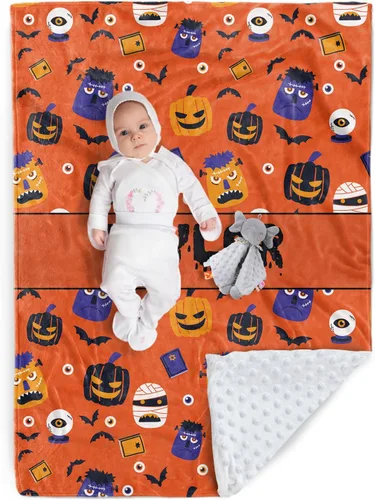 Miniatura 14 de Manta de Halloween personalizada, nombre personalizado con diseños de dibujos animados de Halloween, manta de franela de felpa suave con respaldo