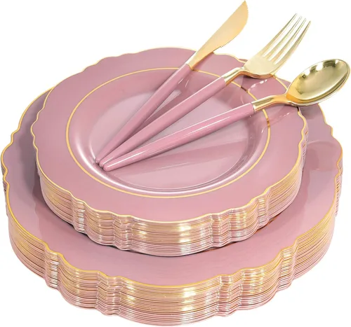 NERVURE - 102 platos de plástico dorados, diseño de cristal transparente, desechables, para fiestas de boda; incluye 51 platos de plástico para cena