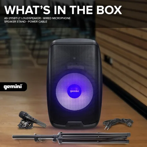 Miniatura 7 de Gemini - Altavoz y soporte PA de 15 pulgadas, 1000 vatios, luces LED (AS-2115BT-LT-PK) PA alimentado de 15" con luces LED, soporte y micrófono