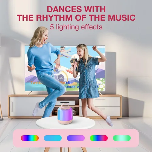 Miniatura 5 de Máquina de karaoke para niños, altavoz Bluetooth portátil con micrófono inalámbrico y luces LED, efectos de voz mágicos, para niñas, fiesta en casa