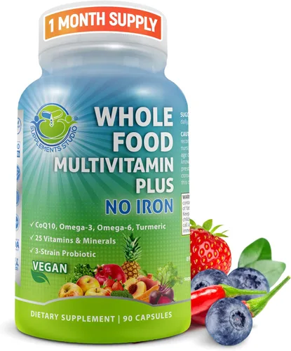 Multivitamínico vegano de alimentos integrales sin hierro, multivitamínico metilado para mujeres y hombres, hecho con frutas y verduras, complejo B,