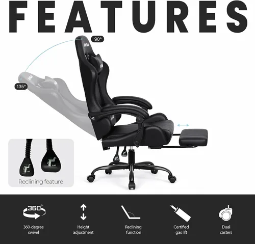 Miniatura 5 de N-GEN GAMING Silla de videojuegos con reposapiés, soporte lumbar para el hogar, oficina, respaldo alto, reclinable, altura ajustable, ergonómica