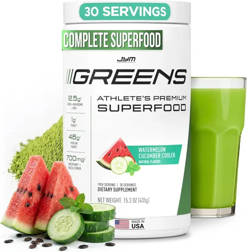 JYM Greens Super Food Powder para rendimiento, sandía, pepino, espirulina, champiñones, vitaminas, brócoli y brócoli, hombres y mujeres, 30 porciones